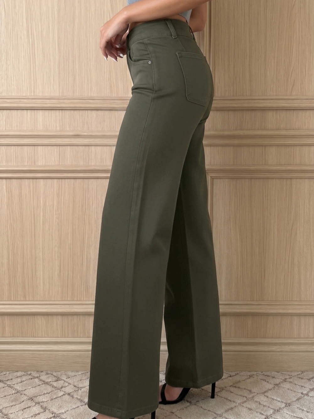 High-Waisted Wide Leg Jeans - Olive Green - Picture 2 of 5